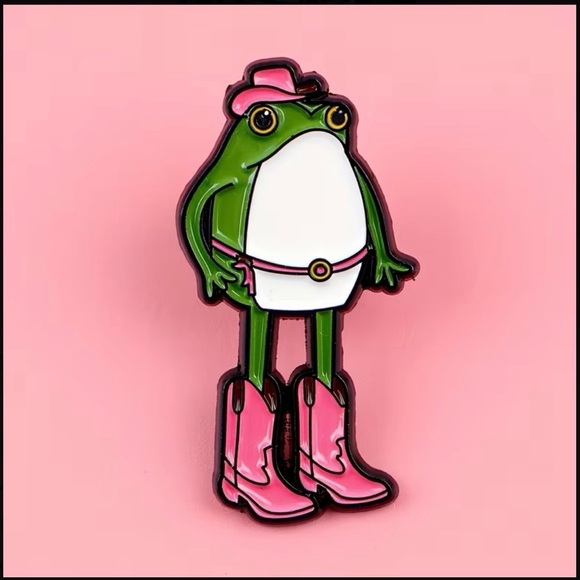 Frog Enamel Pin with Pink Cowboy Boots - Picture 1 of 4